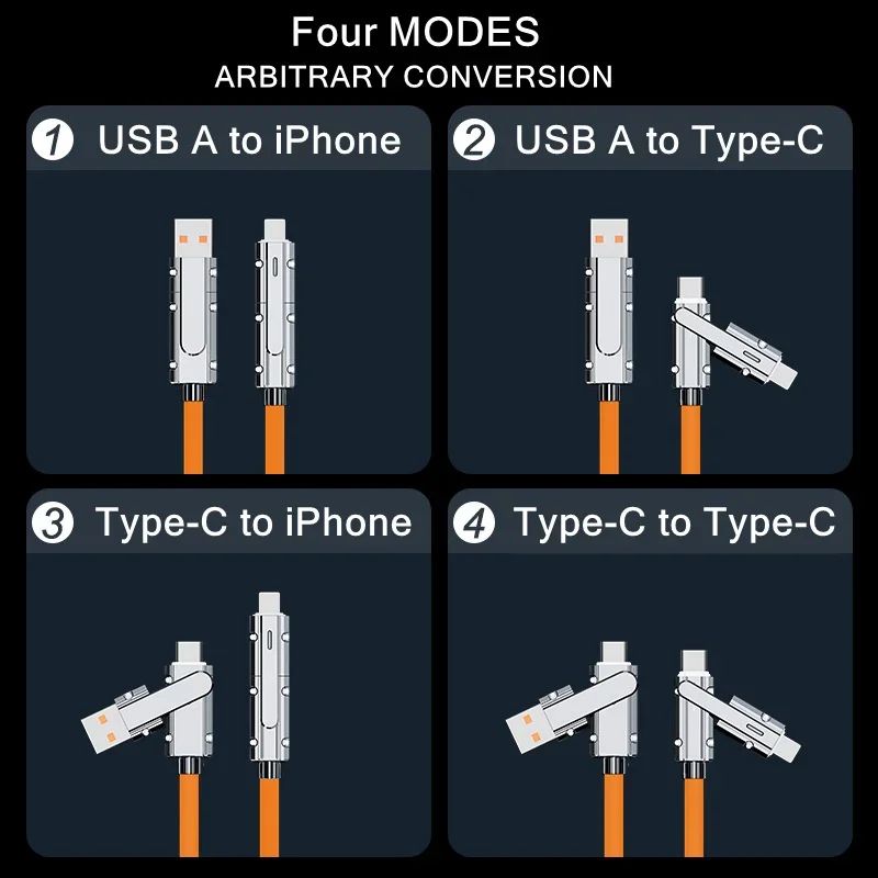 100W 4In1 USB Quick Charging Cable For IPhone Samsung Mobile Phones USB Type C Tablet Charging Cable - 图0