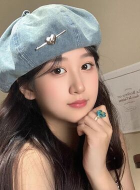 帽大头围小帽子贝雷帽女薄款八角帽画家显脸透气八角爱心水洗牛仔