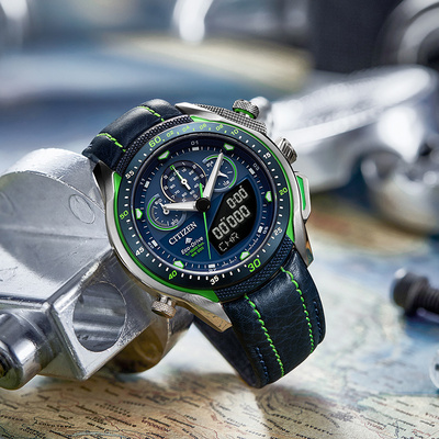 西铁城官方不锈钢间绿蓝色运动男表 西铁城中尧日韩腕表