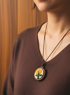 复古木质小雏菊刺绣棉麻绳项链