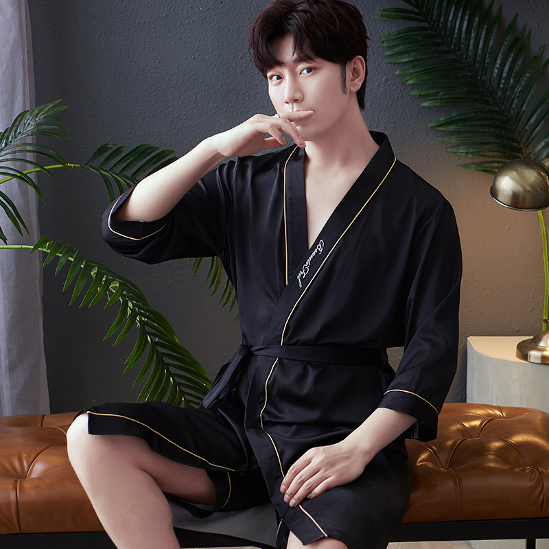 新款冰丝男士夏季丝绸中长款睡袍 顿尼科睡袍/浴袍