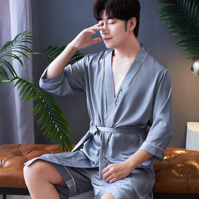 夏季男士冰丝丝绸长袖中长款睡袍 顿尼科睡袍/浴袍