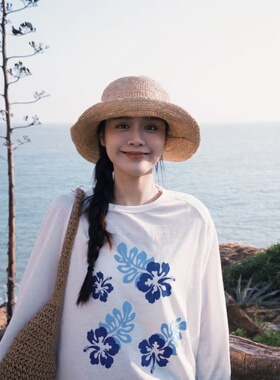 大檐草帽女夏款户外透气百搭遮阳帽海边度假可折叠显脸小渔夫帽子