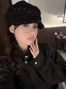 韩版复古铆钉小众不规则八角帽前进帽女春秋贝雷帽街头堆堆帽软檐