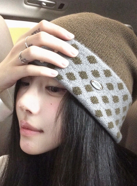 大头围女秋冬显脸小慵懒风针织帽防风保暖包头帽波点多巴胺毛线帽