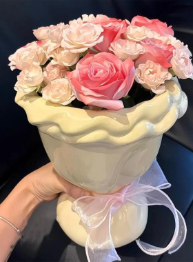法式花束陶瓷花瓶小众设计感客厅家用插花高级感结婚家居装饰摆件
