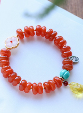 天然南红手链玛瑙盘珠女单圈搭配和田玉蜜蜡金珀钱袋挂坠礼品手串