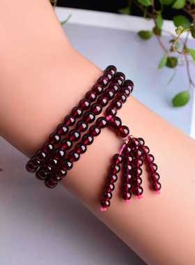 天然酒红石榴石三圈手链晶体干净女款石榴石手链高贵礼物多圈手串