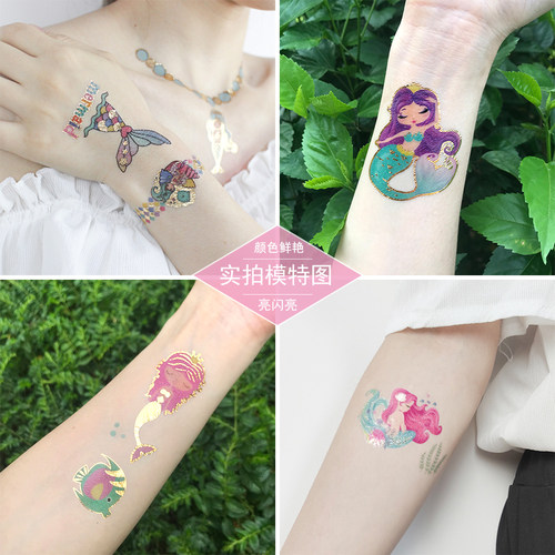 儿童纹身贴纸女孩美人鱼公主海洋卡通安全环保烫金色亮闪水印贴画 - 图1