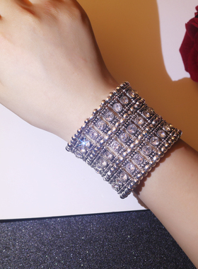 复古时尚宽手镯弹性水钻