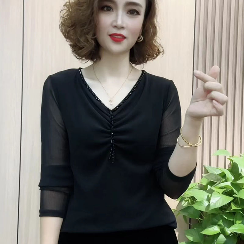 乐艳女装气质V领显瘦上衣2023秋新款减龄百搭妈妈装长袖打底小衫