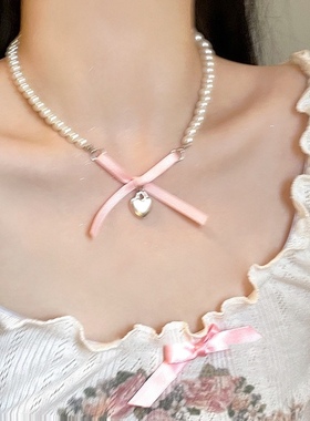 爱心蝴蝶结珍珠项链女夏季轻奢小众设计气质名媛风锁骨链少女颈链