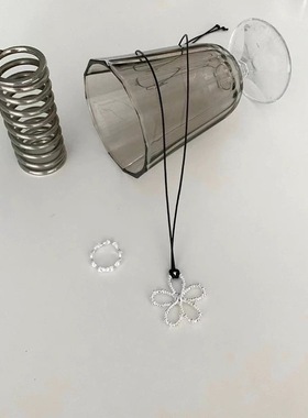 韩国东大门新款paparazzi镂空金属大花朵黑绳项链可抽拉毛衣链