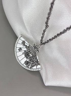 韩国ins博主同款复古做旧玫瑰花朵扇子项链气质锁骨链叠戴颈链女