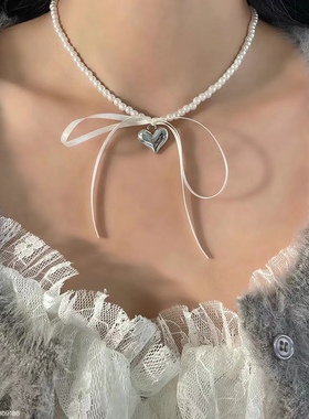 现货韩国东大门ins甜酷风金属爱心吊坠丝带蝴蝶结珍珠项链锁骨链