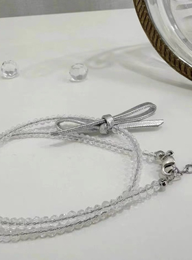 韩国东大门ins夏季透明串珠银色皮质蝴蝶结项链气质小众锁骨链女