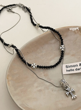 甜酷辣妹十字架吊坠串珠双层拼接项链女高级感气质百搭锁骨链项圈