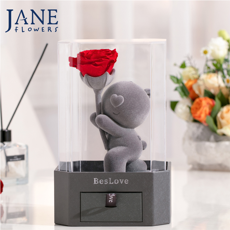 jane永生花玫瑰熊礼盒，七夕情人节表白女友