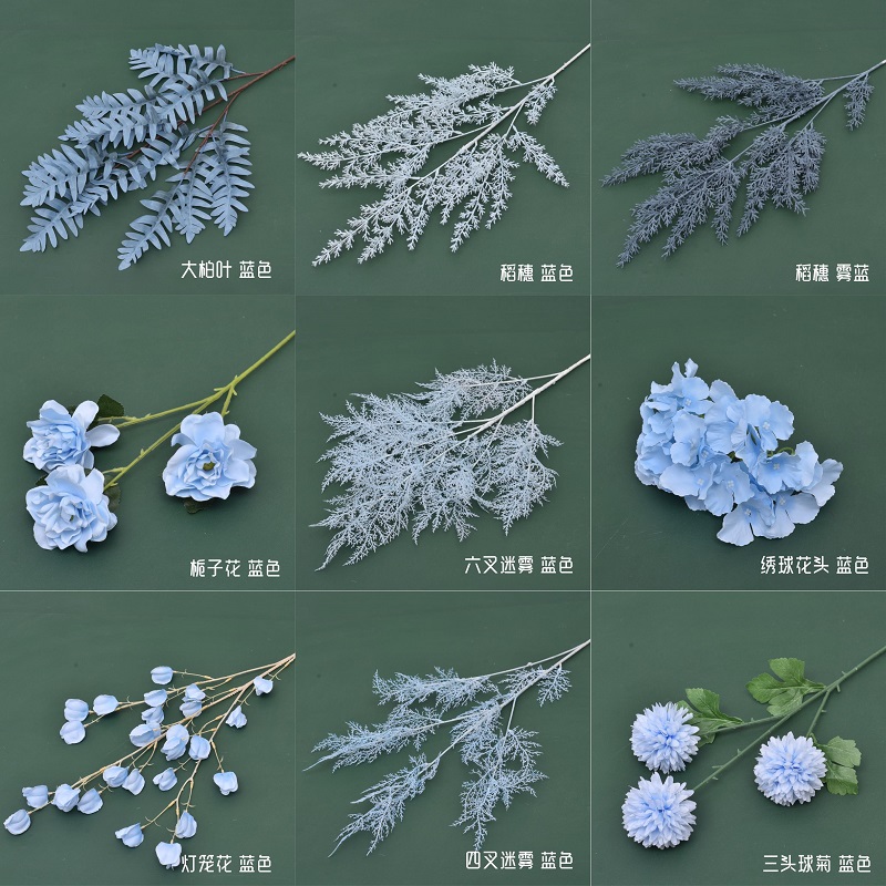 蓝色系婚礼堂装饰洋牡丹文心兰绣球樱花迷雾草乒乓菊大丽菊尤加利 - 图0