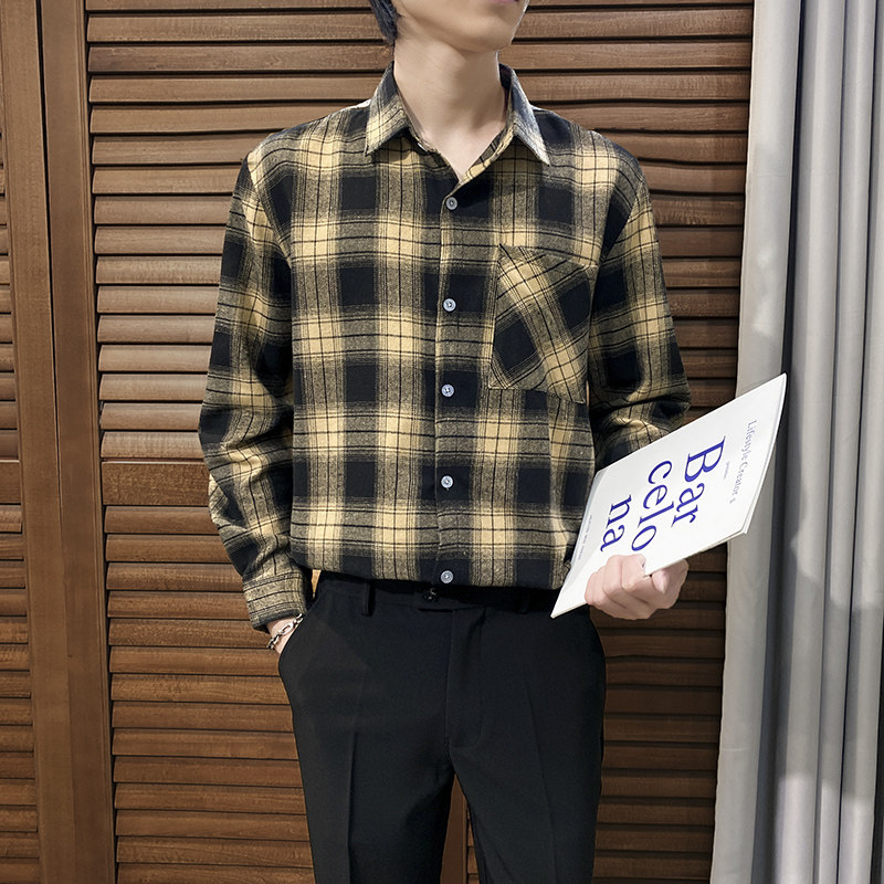 秋季长袖衬衫男上衣格子磨毛休闲百搭韩版潮流修身免烫衬衣外套男,淘宝优惠券,粉丝福利购,淘宝优惠卷
