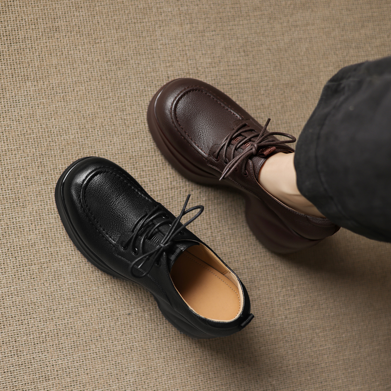 9cm头层羊皮深口单鞋欧美风厚底女鞋系带小皮鞋高跟小个子增高鞋 - 图2