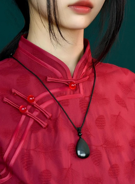 普陀山天然黑曜石水滴吊坠