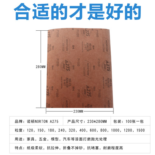 圣戈班诺顿NORTON砂纸a275木工金属油漆干磨沙皮方形打磨抛光沙纸 - 图1