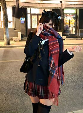 氛围感红色格子jk围巾女秋冬保暖