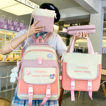 New elementary school childrens four sets of school bags female Han version canvas large capacity junior high school students with double shoulder backpack high school students