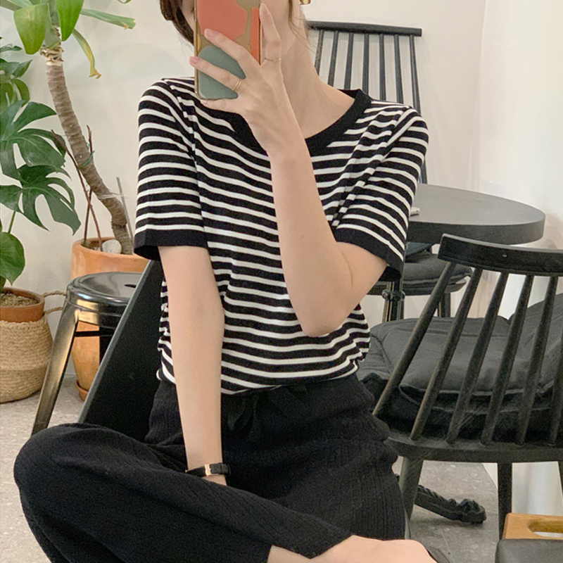条纹针织衫女短袖T恤夏季2025年新款女装爆款打底衫内搭短款上衣 - 图3