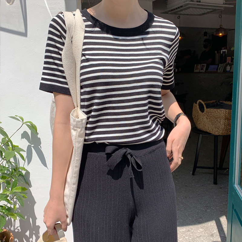 条纹针织衫女短袖T恤夏季2025年新款女装爆款打底衫内搭短款上衣 - 图2