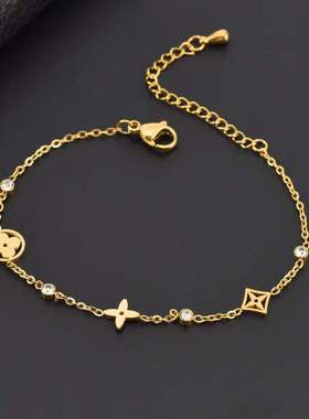 欧美简约钛钢配饰品 不掉色钛钢多个镂空幸运四叶花手链项链女