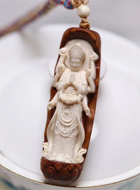 千手吊坠猛犸象牙镶嵌老山檀佛像挂件毛衣链项坠项饰