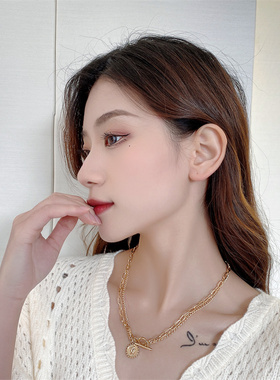 欧美双层金币女王项链锁骨链2022高级小众设计感手作学生情侣项圈