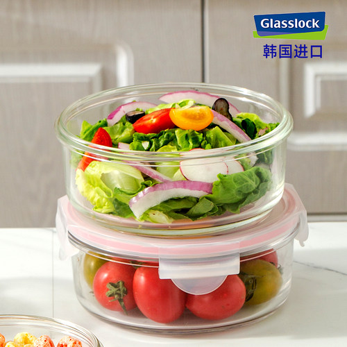 glasslock进口带玻璃盖钢化玻璃密封保鲜盒圆形微波炉便当饭盒 - 图0