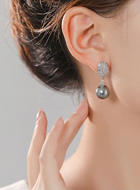 新款银灰色镶锆石贝母珍珠耳钉