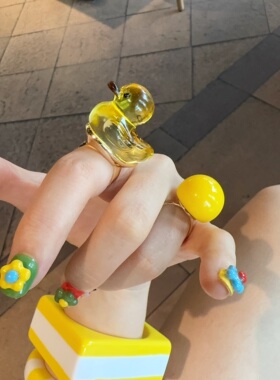 卡通小鸭子造型戒指女可调节彩色珐琅戒指环送女友