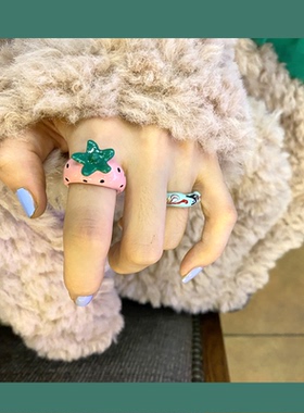 greenxia新品草莓水果女式戒指