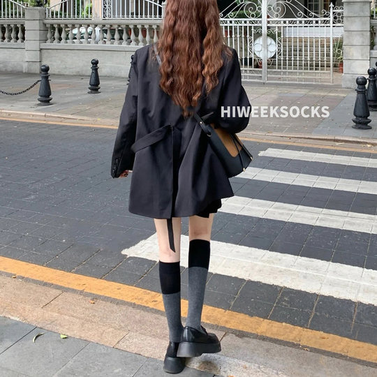日系拼色小腿袜黑灰纯色堆堆袜长筒过膝袜女JK长袜子ins瘦腿棉袜