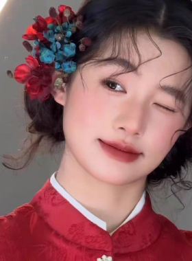 复古红蓝撞色花朵新娘发饰