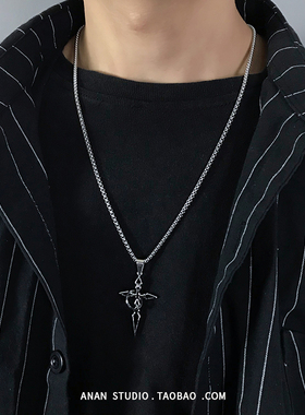 【ANAN】黑色环绕十字架项链男女潮流嘻哈小众百搭毛衣链吊坠男士