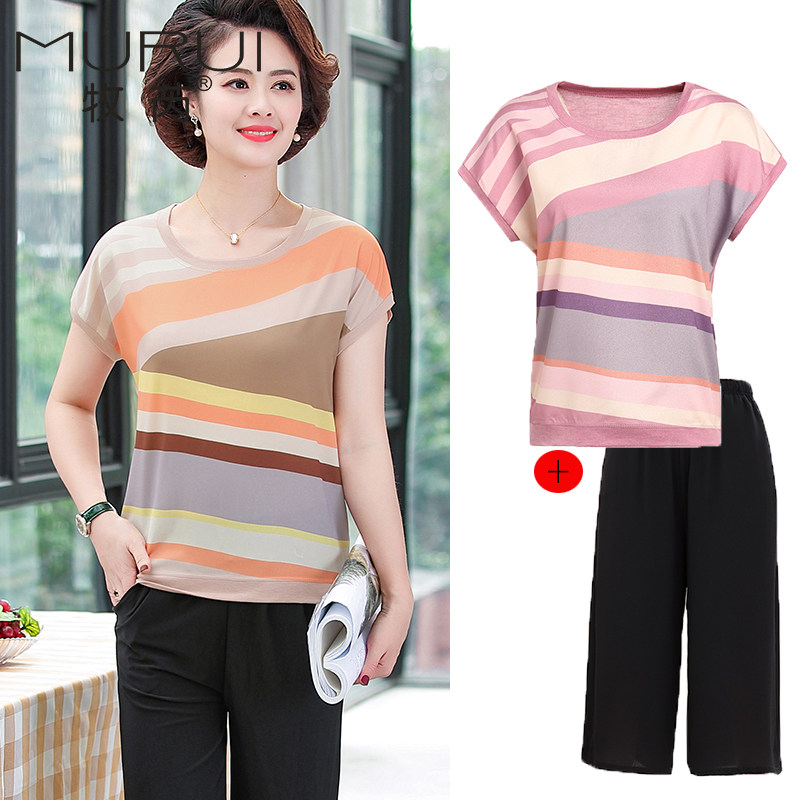 中老年女装夏装套装短袖t恤阔腿裤 牧芮中老年女装