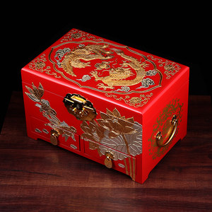紫艺堂贾兴林先生作品手工彩绘平遥推光漆器龙凤呈祥首饰盒结婚