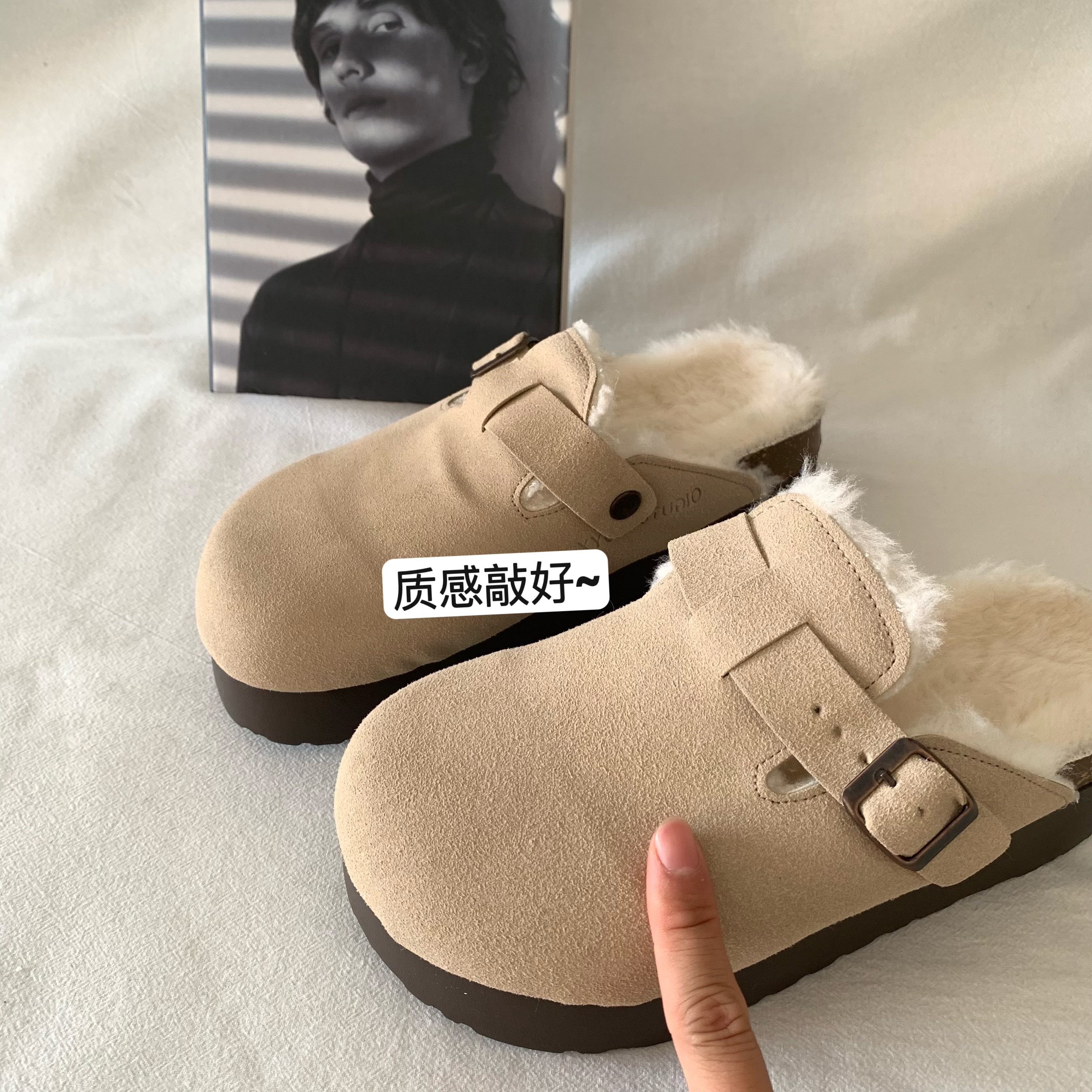 韩国INS厚底百搭加绒加厚勃肯鞋女冬季外穿保暖棉鞋增高毛毛拖鞋,淘宝优惠券,粉丝福利购,淘宝优惠卷