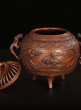 香炉香炉狮钮龙耳海水纹三足熏炉