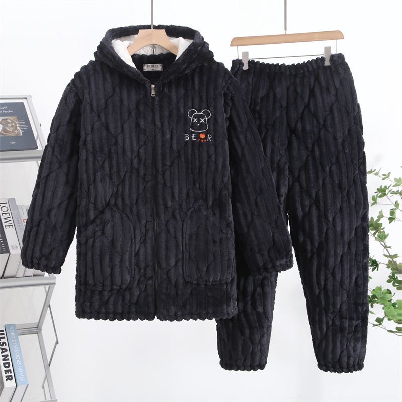 拉链帽子睡衣男冬中长款家居服套装加绒加厚三层夹棉可外穿棉衣裤 - 图1