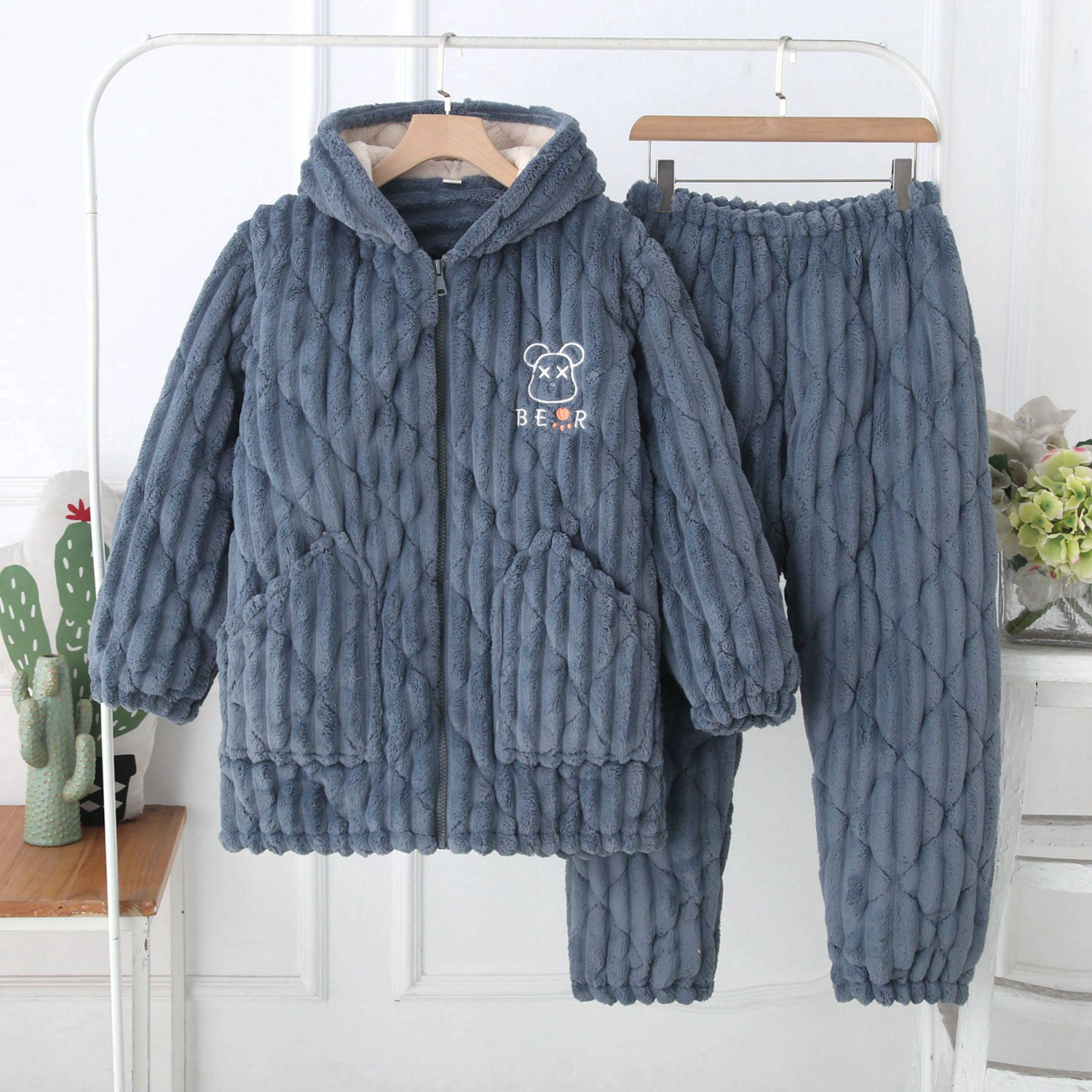 拉链帽子睡衣男冬中长款家居服套装加绒加厚三层夹棉可外穿棉衣裤 - 图0