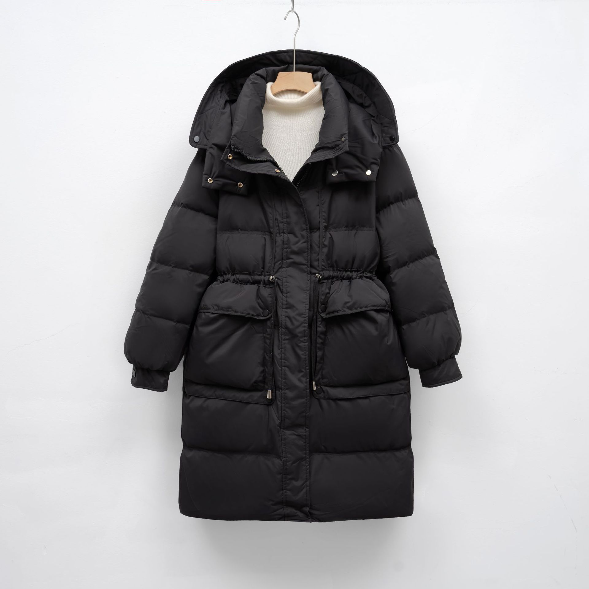 平湖驰新冬季中长款韩版宽松白鸭绒时尚外套收腰保暖连帽羽绒服女 - 图3