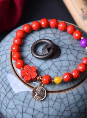 朱砂8毫米刻面钻石桃花福气原创气质搭配纯银配饰女手串