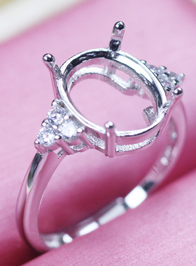 椭圆形戒指托空托未镶嵌宝石戒托天使翅膀女款925纯银镀18K金活口